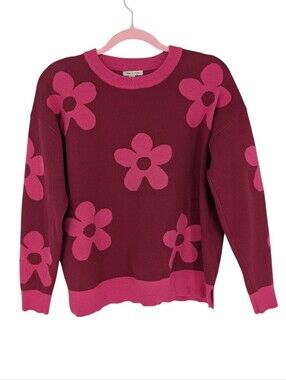 Tea n Rose Floral Intarsia Knit Crew Sweater Two-Tone Berry Pink Size Medium
